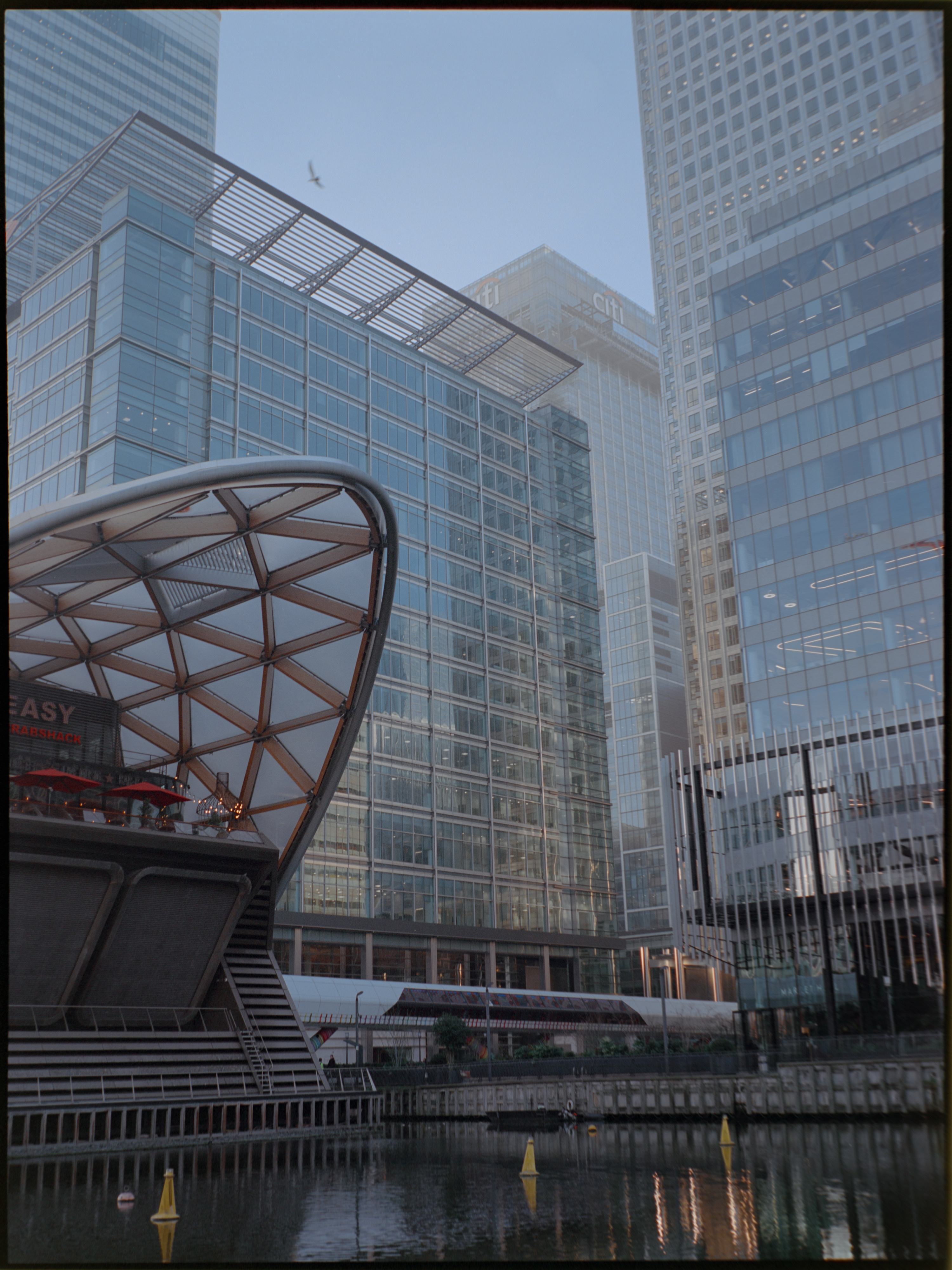 Wide dock and marina view with Canary Wharf buildings — medium format film photography London