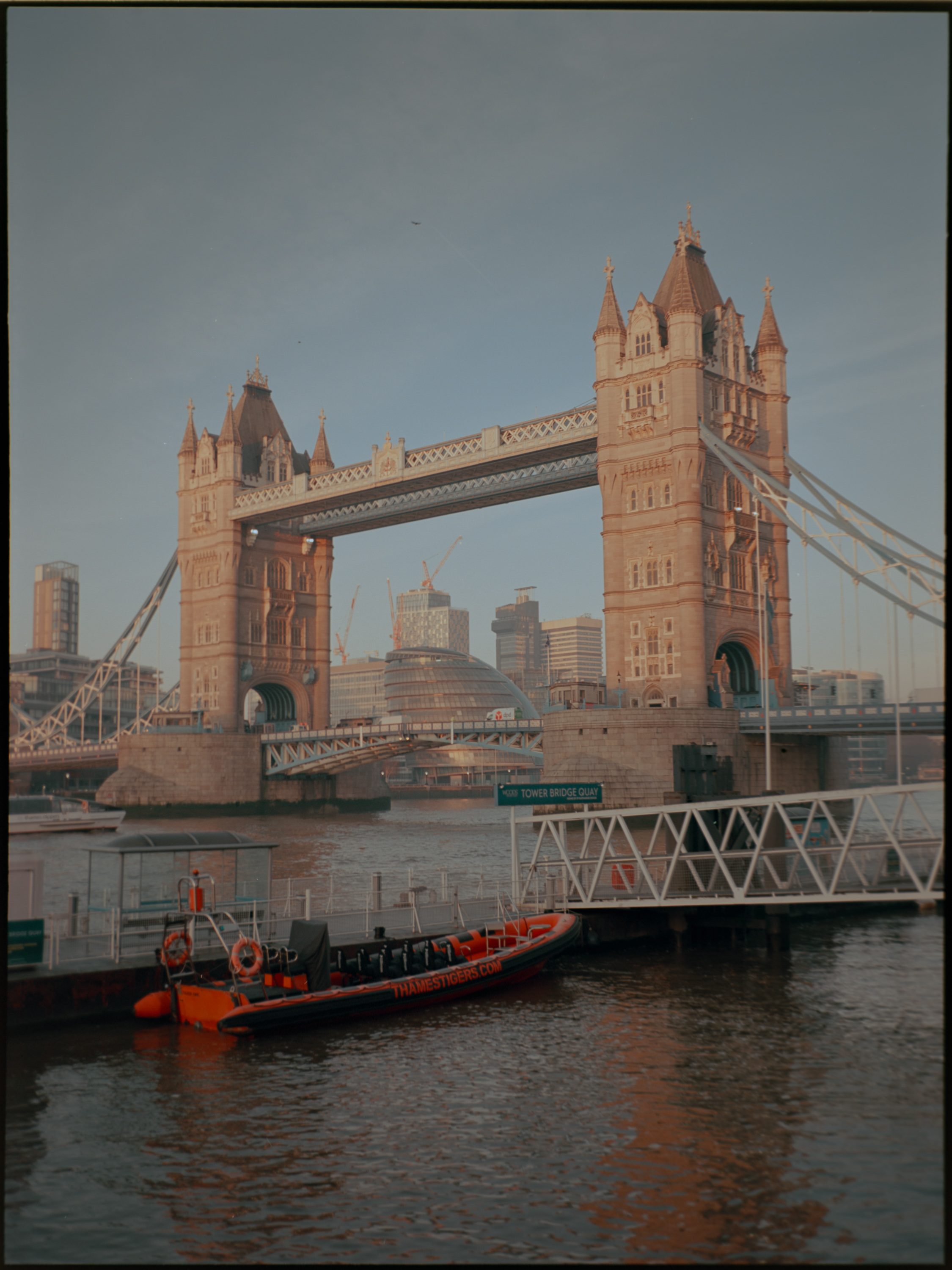 Wide view of Tower Bridge with City Hall and Thames boat — Kodak Ektar 100 medium format
