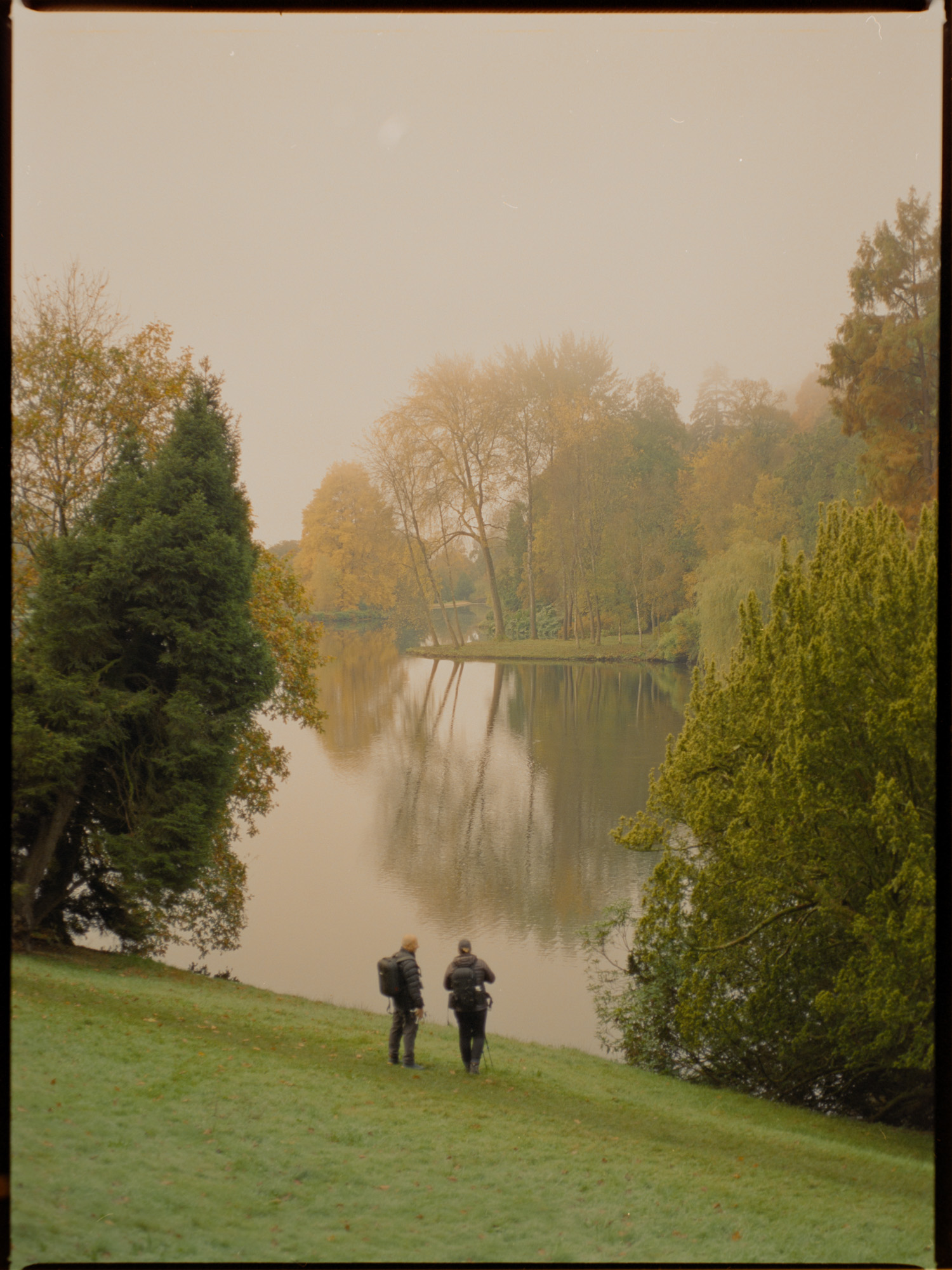 Autumn mist over Stourhead lake at sunrise — Cinestill 800 film photography by David McConaghy