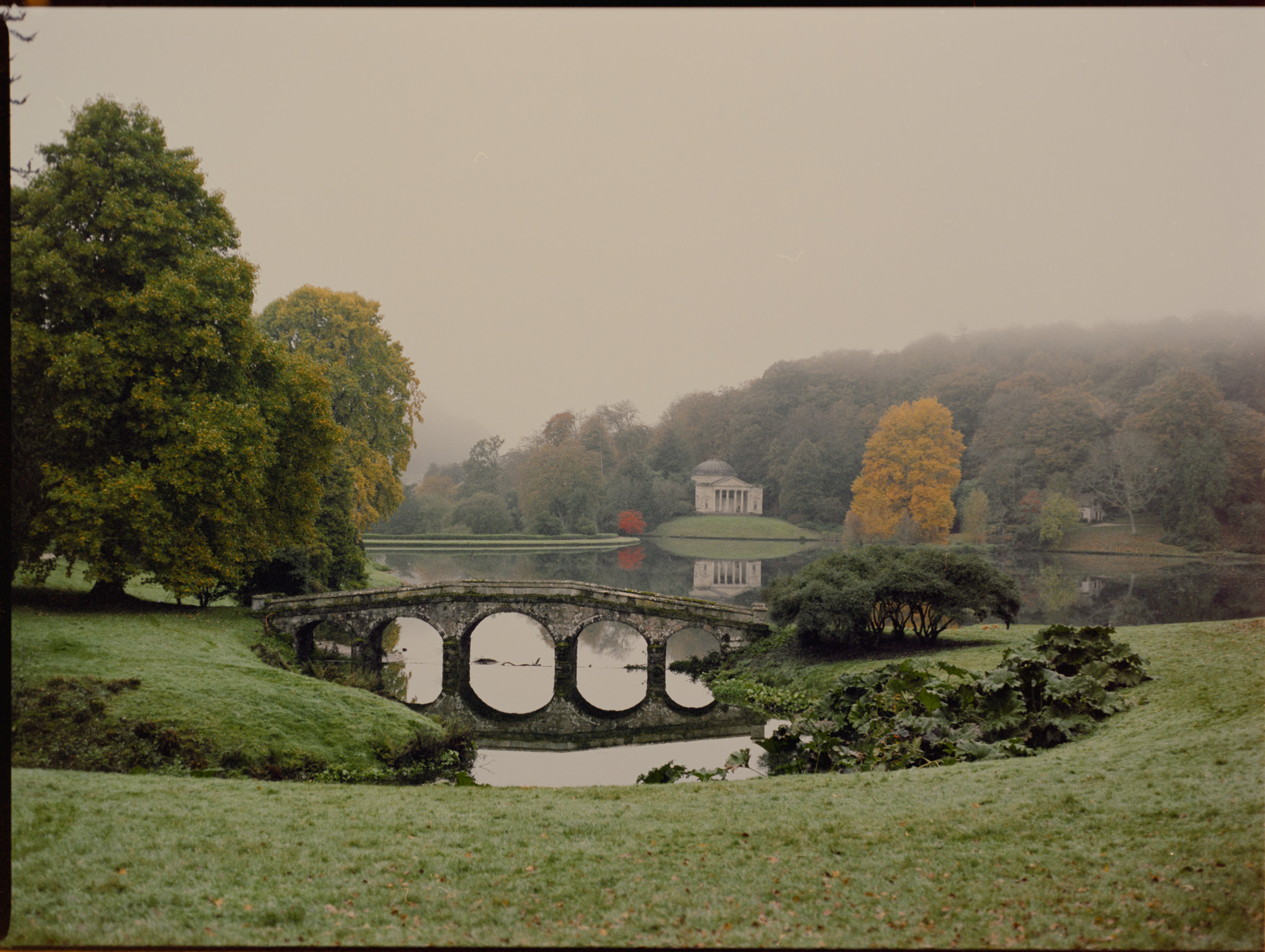 Autumnal first light at Stourhead landscape garden — cinematic Cinestill 800 medium format film