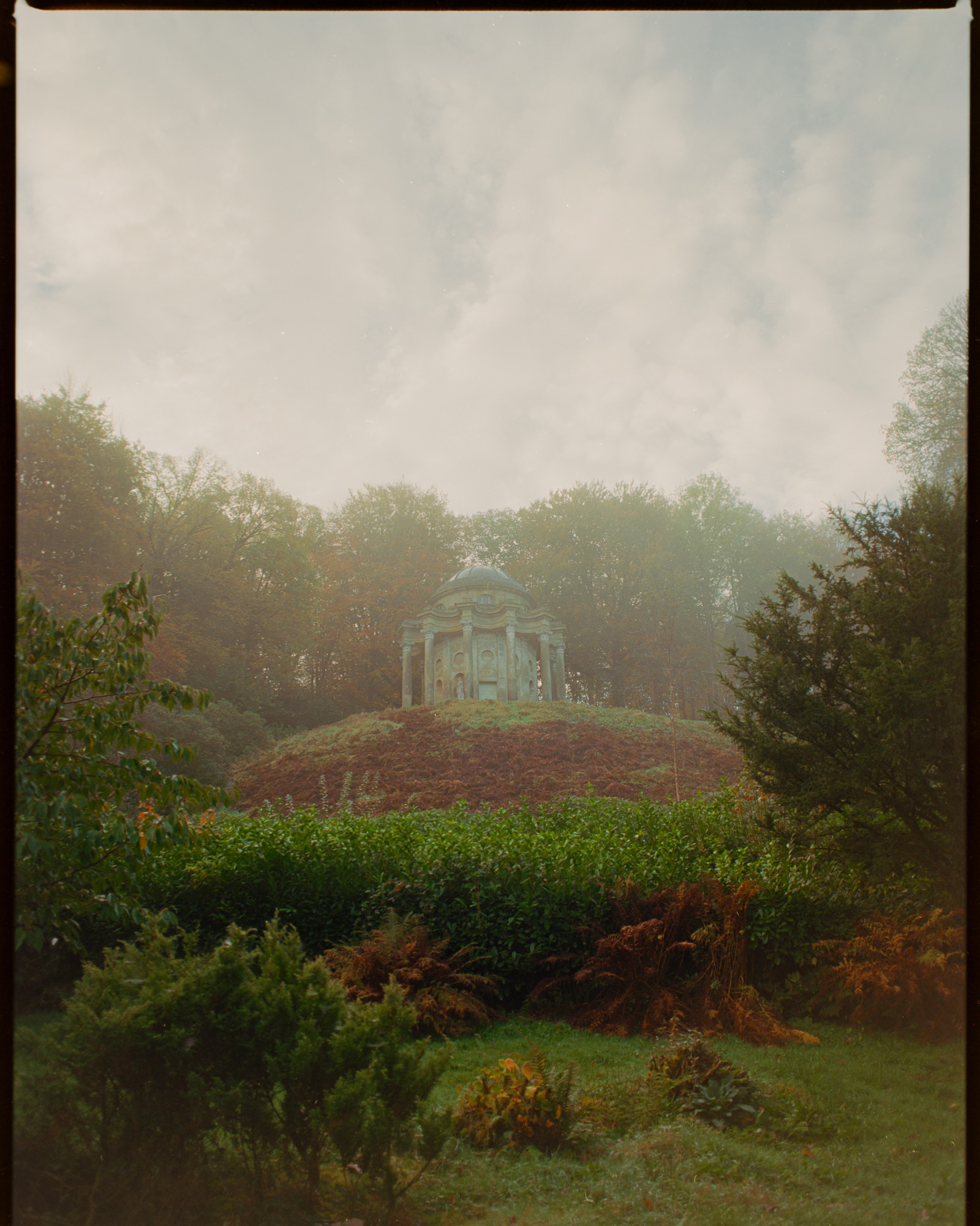 Autumn trees reflecting in Stourhead lake with Palladian bridge — Mamiya 645 on Kodak Ektar 100