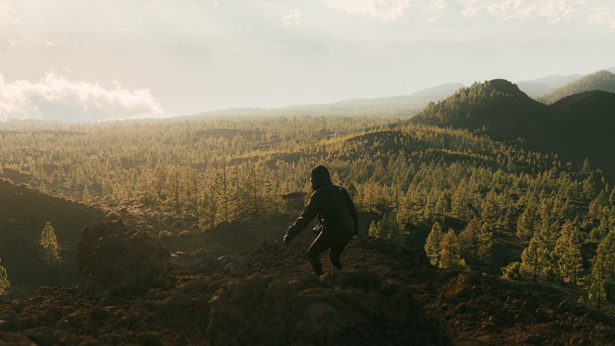 Hiker volcanic hillside Tenerife pine forest lifestyle photography
