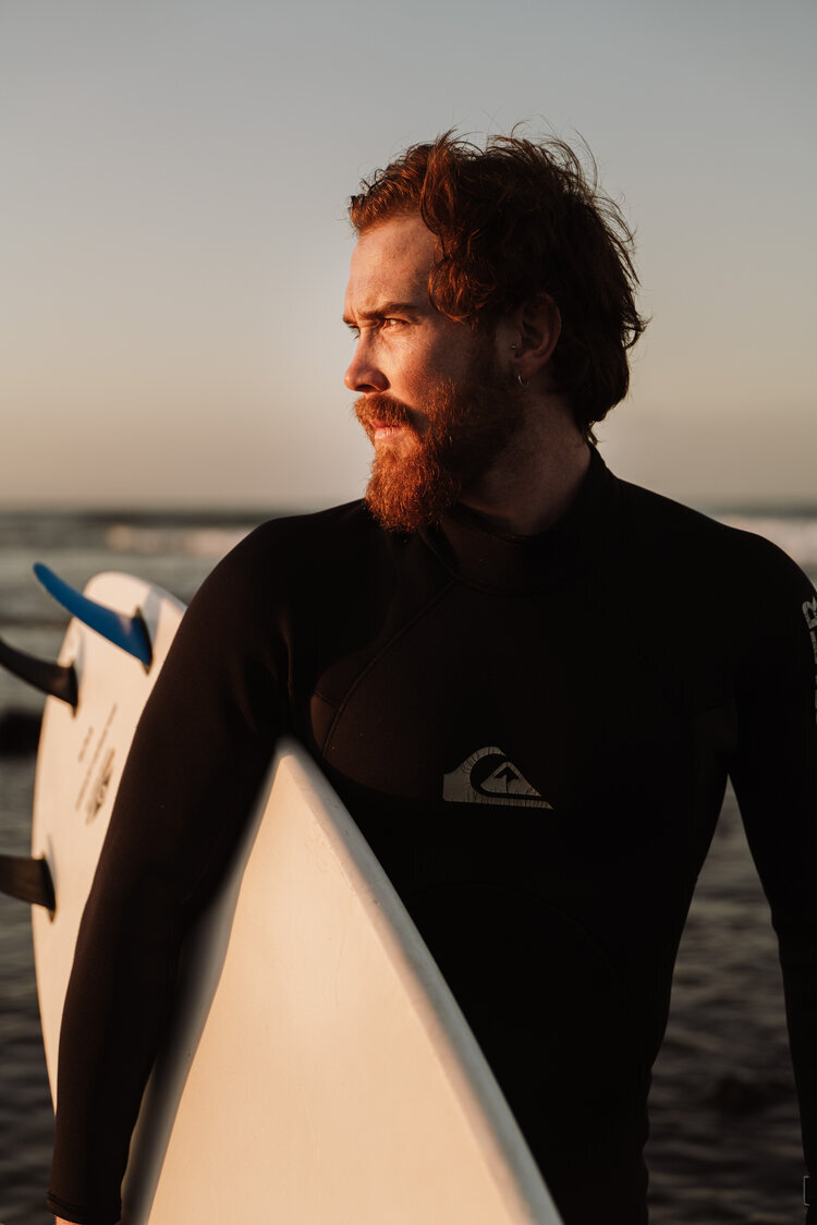 Surfer portrait golden hour lifestyle photography